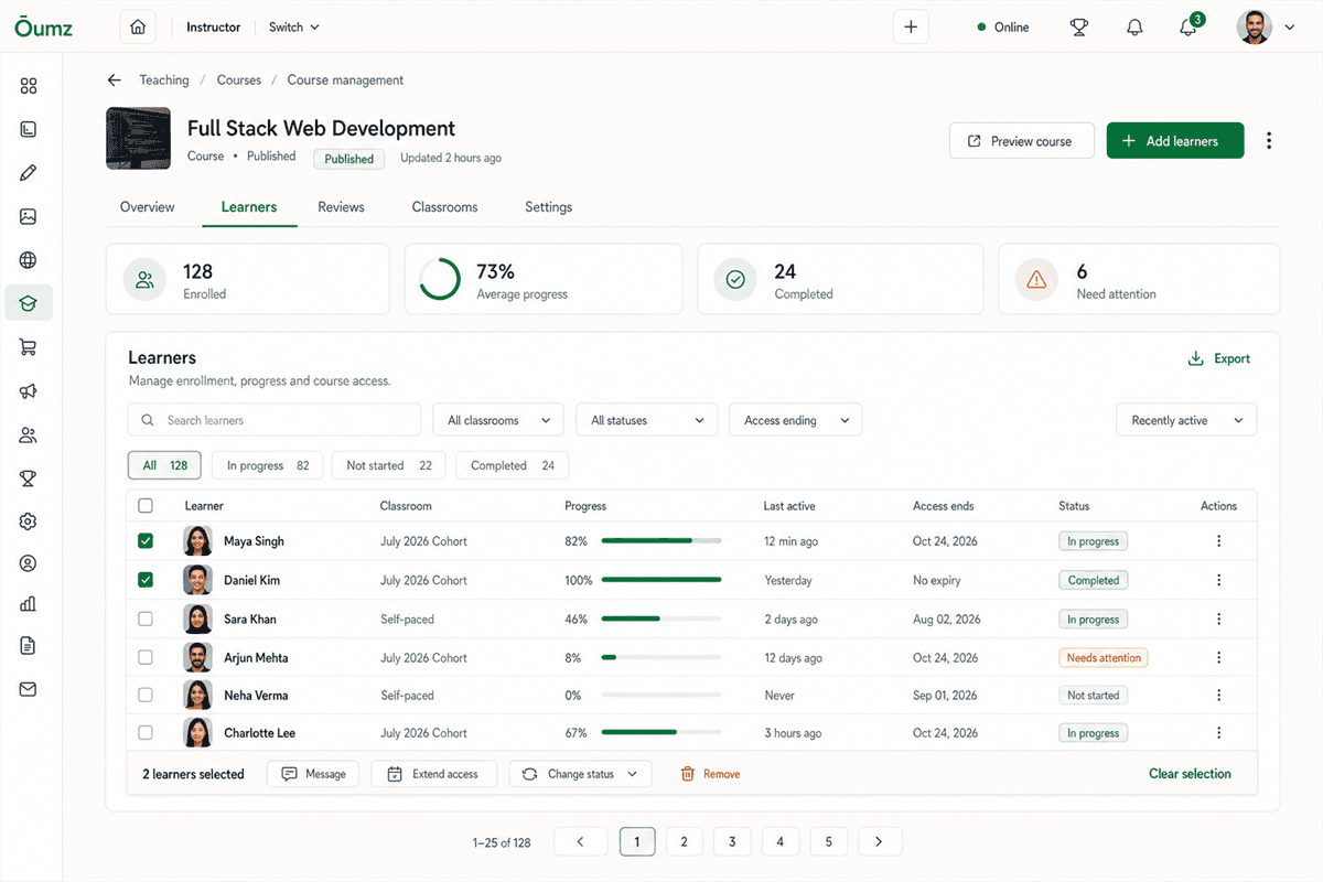 Administrator learner and course operations workspace