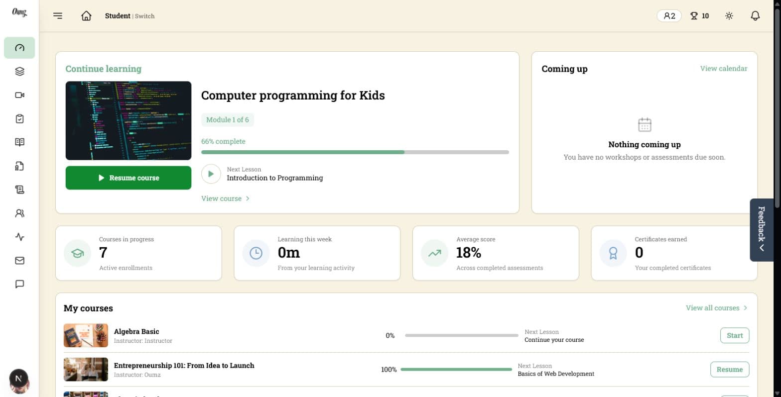 AcademyLauncher student dashboard with course progress