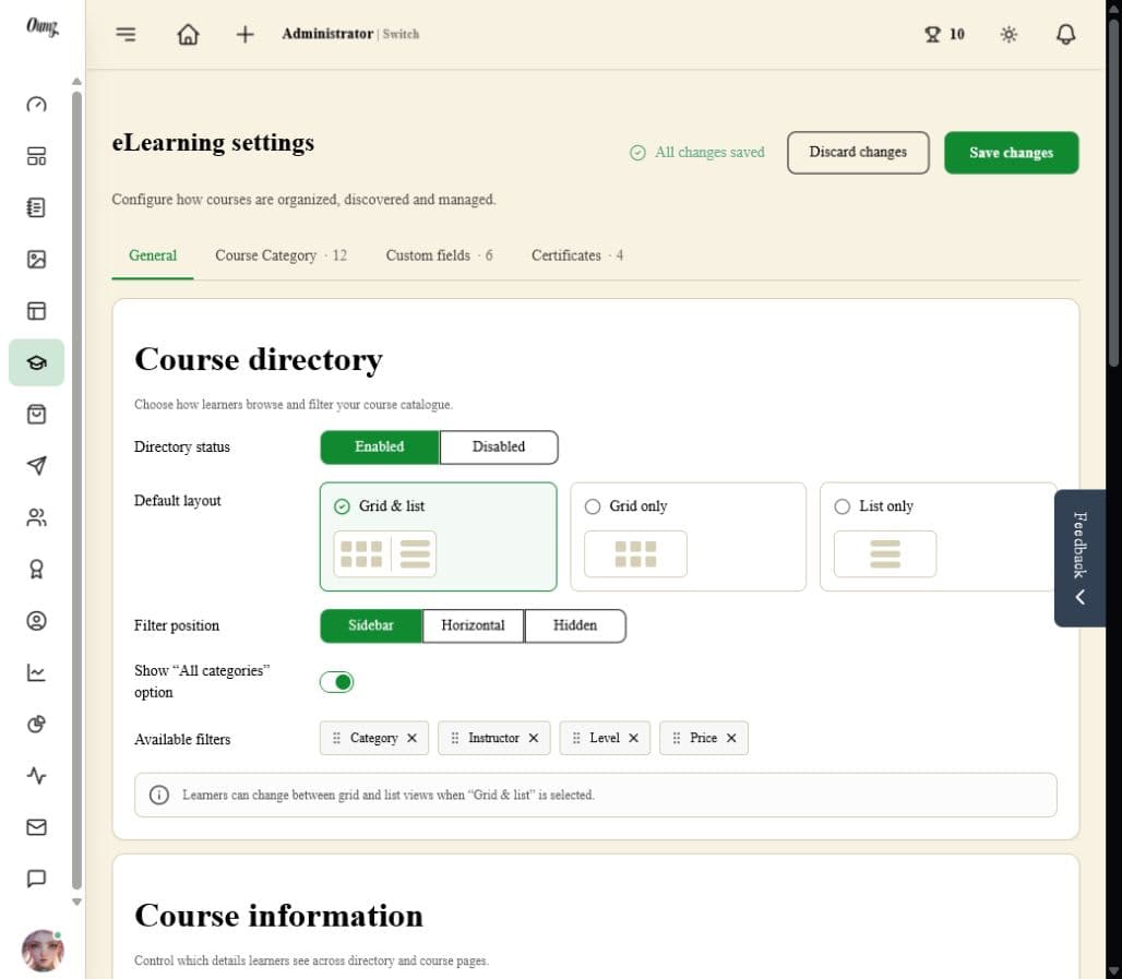 Required course settings and completion rules