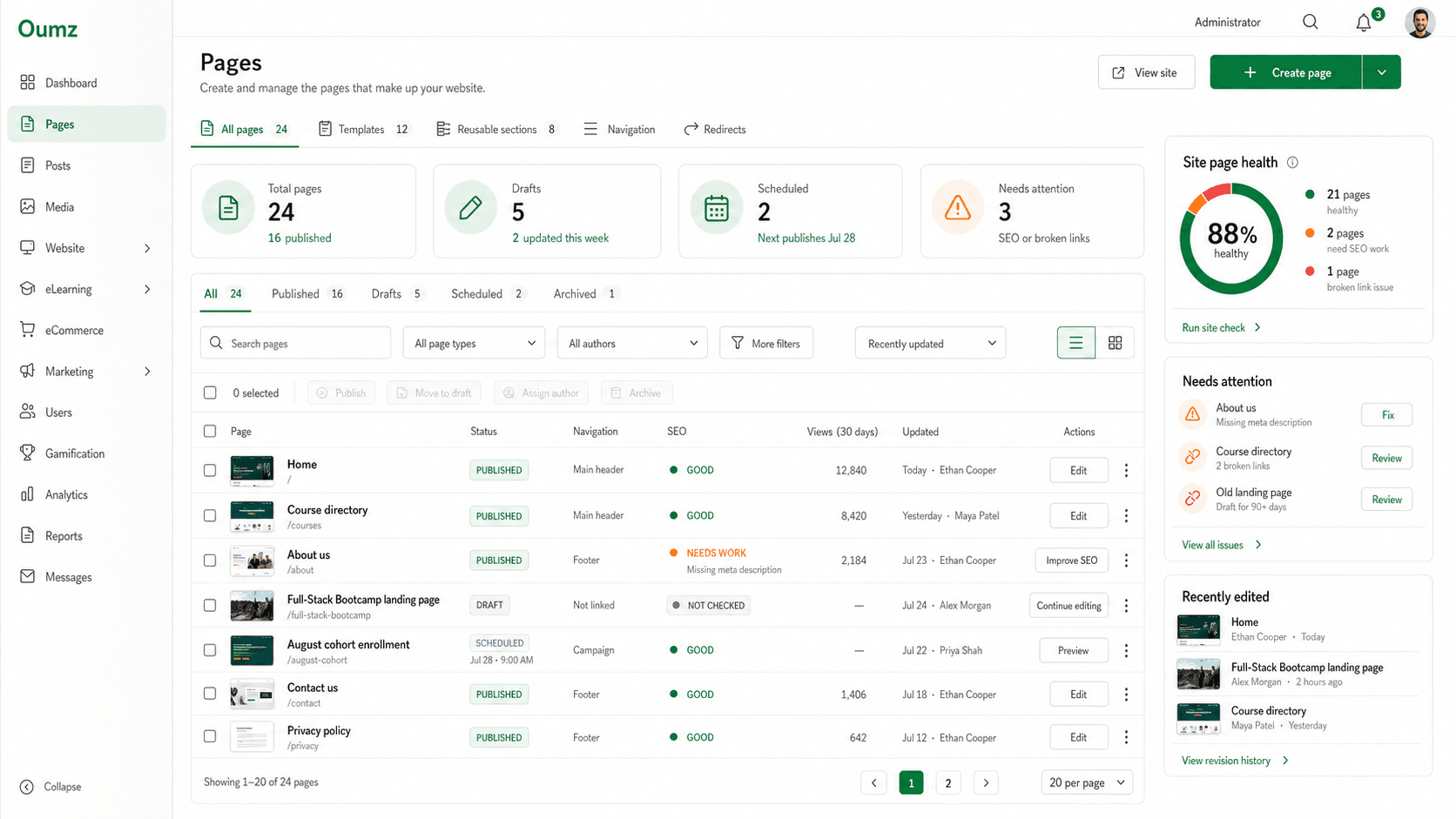 AcademyLauncher website page management and site health