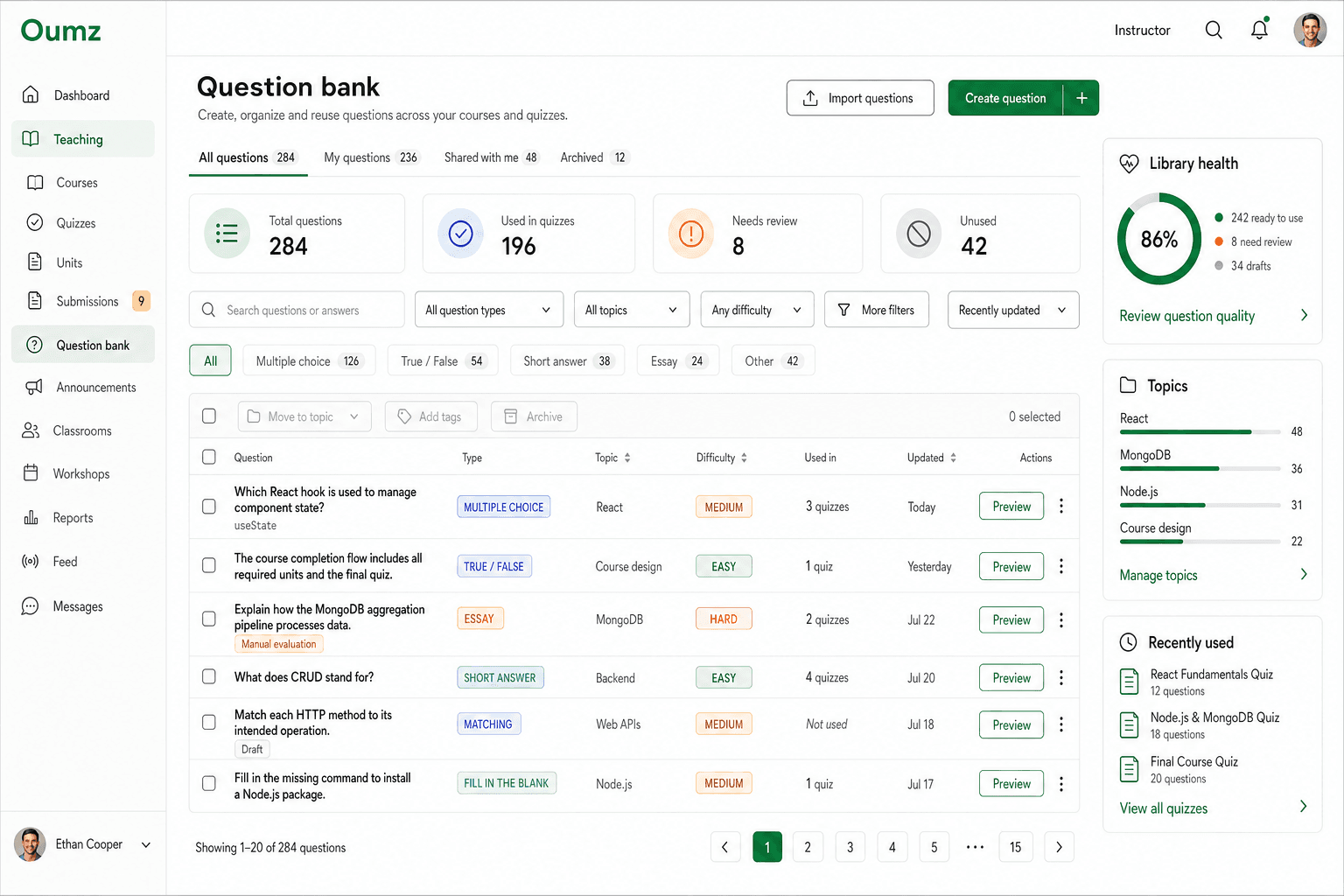 Teacher question bank and assessment builder