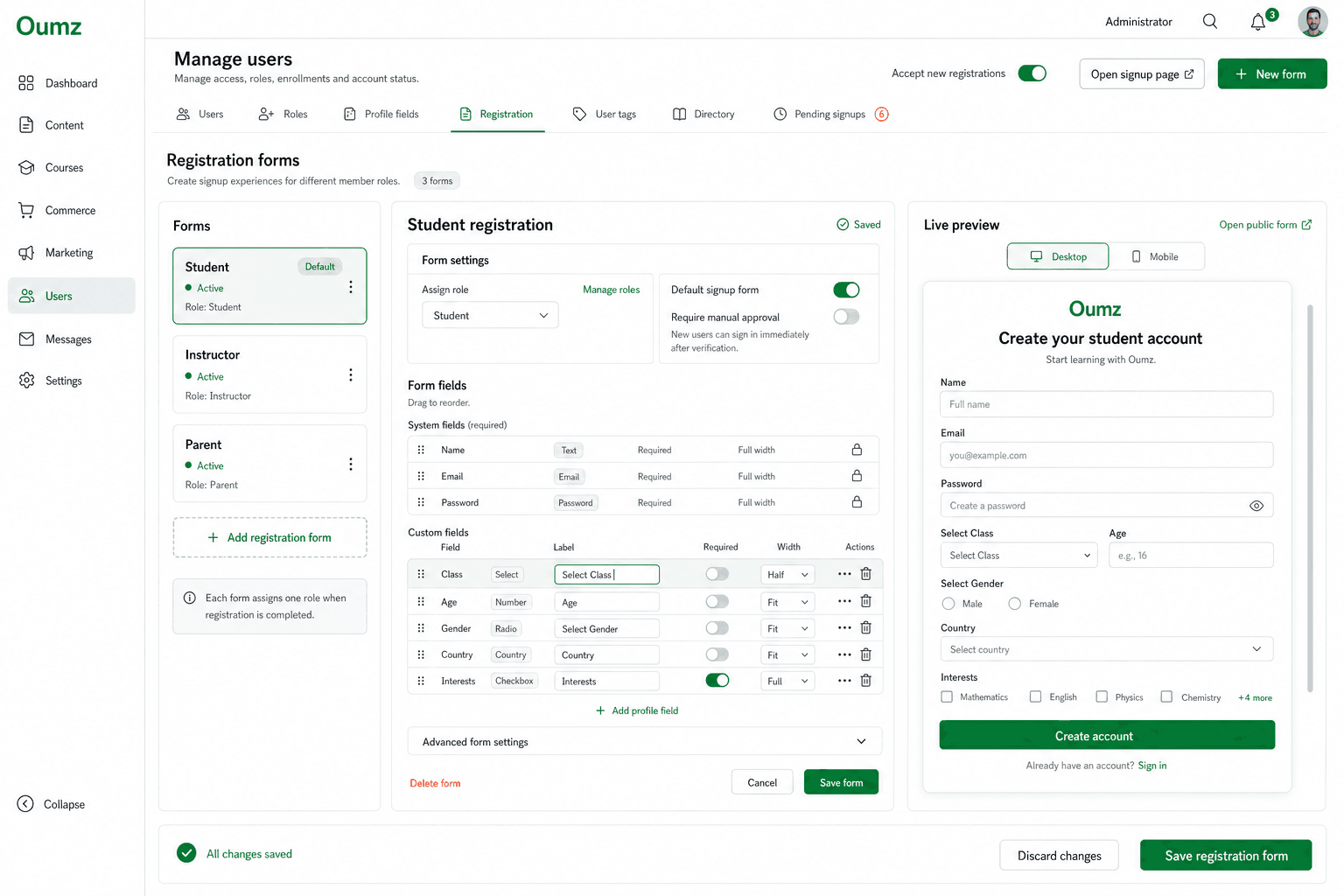 Role-aware registration form and user onboarding builder