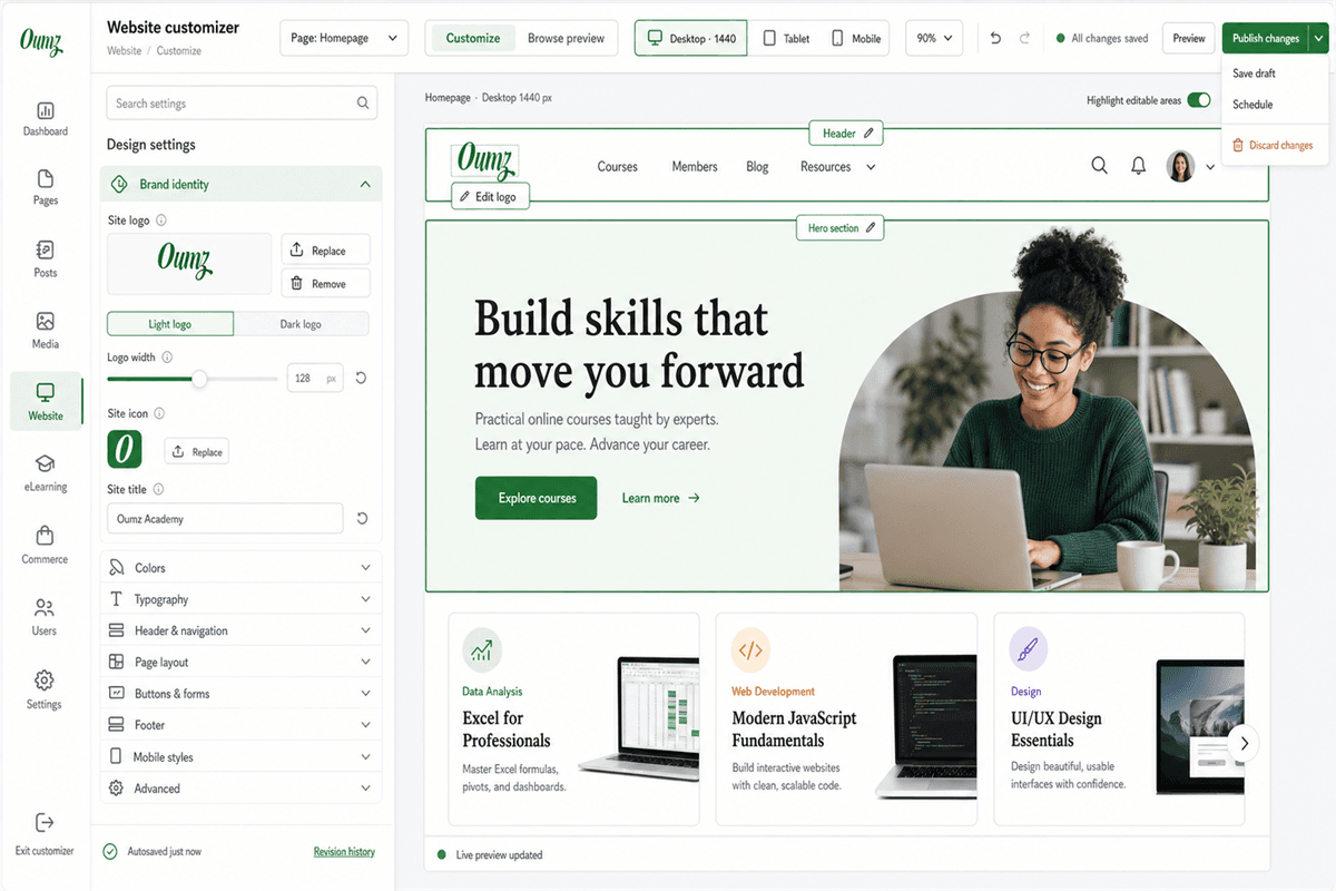 Visual academy website customizer